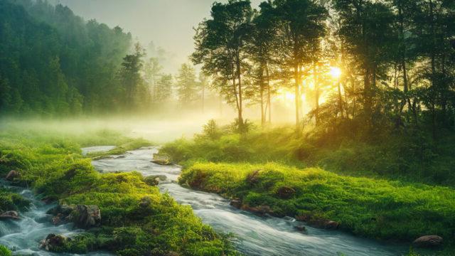 A stream and vegetation-covered rocks and banks in a forest with mist and the sun shining through the trees